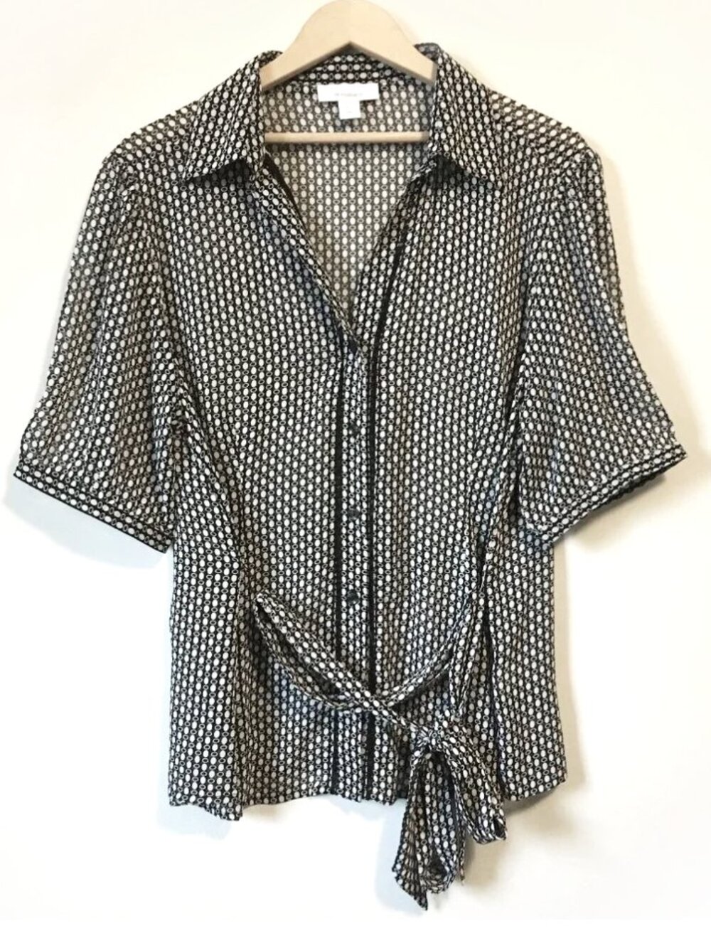 Dressbarn Semi Sheer Geometric Button Down Belted Shirt XL Retro Mod Rockabilly